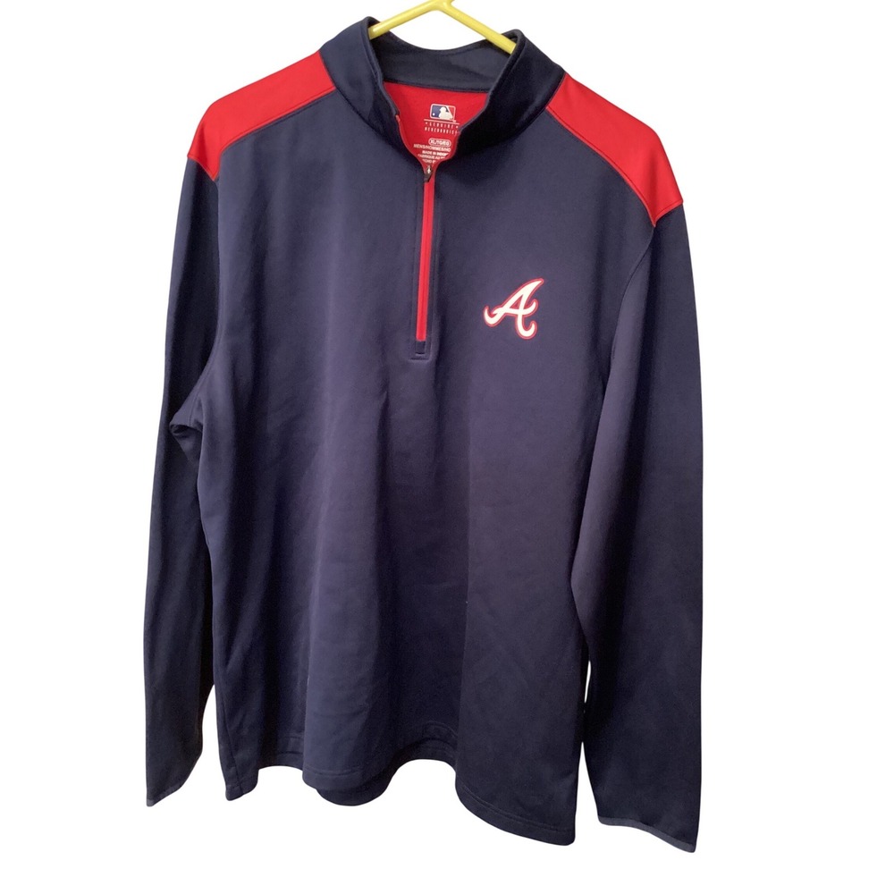 MLB Atlanta Braves Quarter Zip Pullover Mens XL Navy Blue Red Fleece Lined Logo